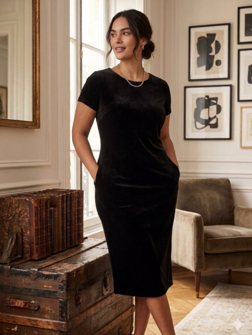 Black Velvet Short-Sleeve Full Length Dress -  Elegant Everyday Luxury Classy